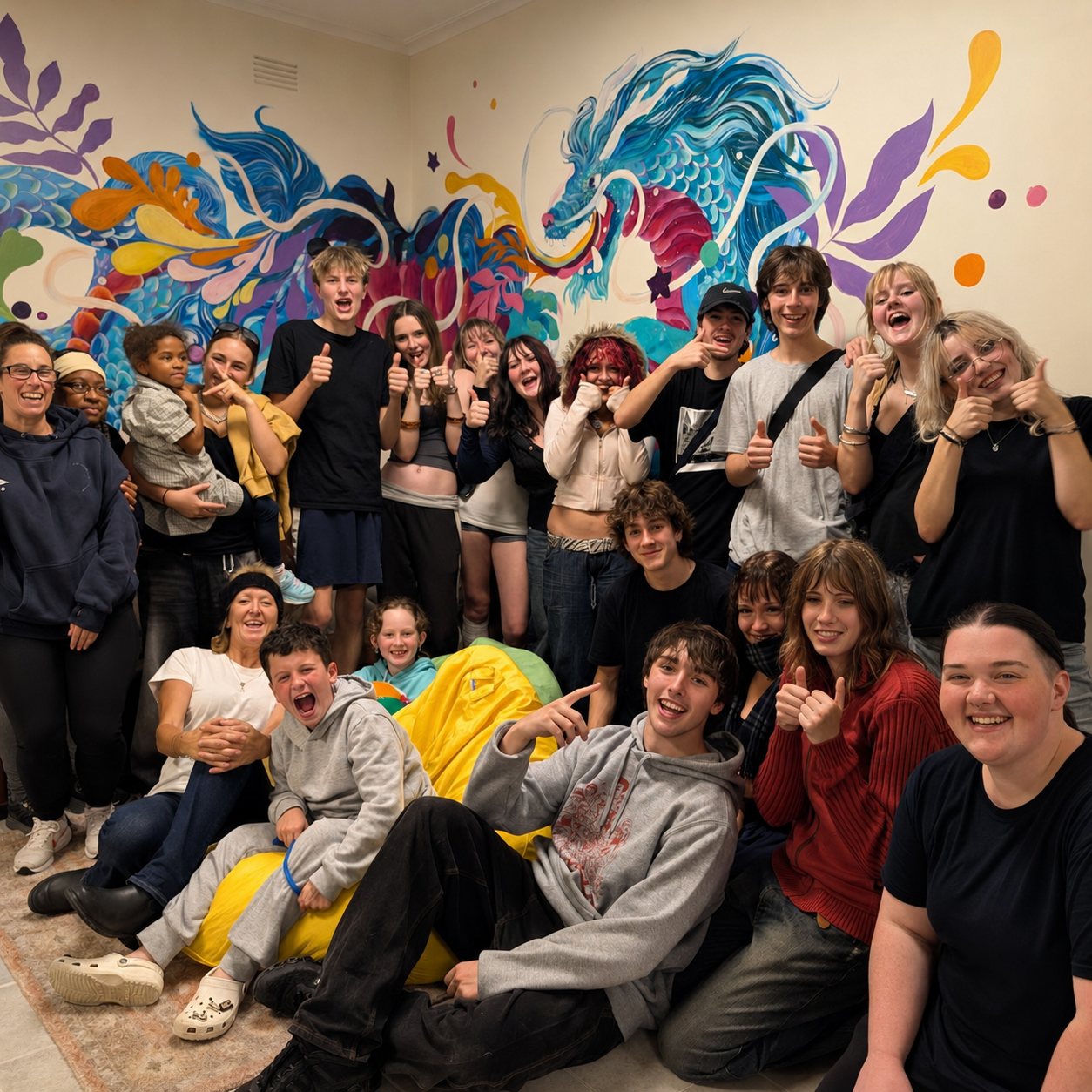 A large group of young people and L.A.B. staff smiling and giving thumbs up together in front of the colourful dragon mural.